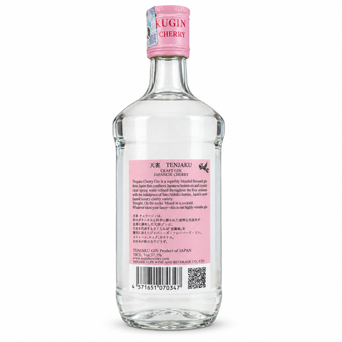 Back view of Tenjaku Japanese Cherry Gin bottle with pink sakura-inspired label, 700ml, 37.5% ABV.