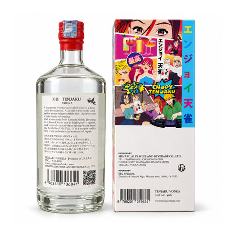 Tenjaku Japanese Vodka 700ml 40% bottle and anime gift box rear view with producer and barcode