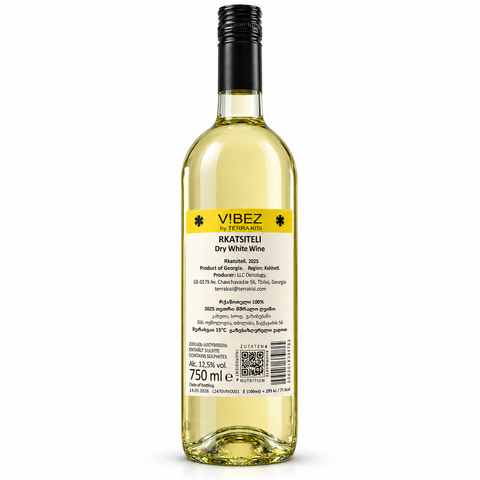 Bottle of Terra Kisi ViBEZ Rkatsiteli 2025 dry white wine, 750ml, 12.5% ABV from Kakheti, Georgia.