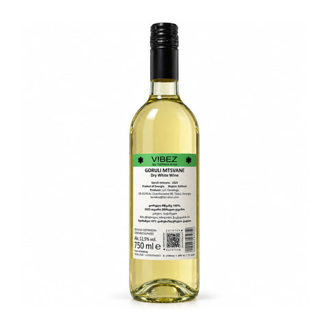 Terra Kisi ViBEZ Goruli Mtsvane 2025 dry white wine bottle with black screw cap, 750ml, showcasing Georgian origin.