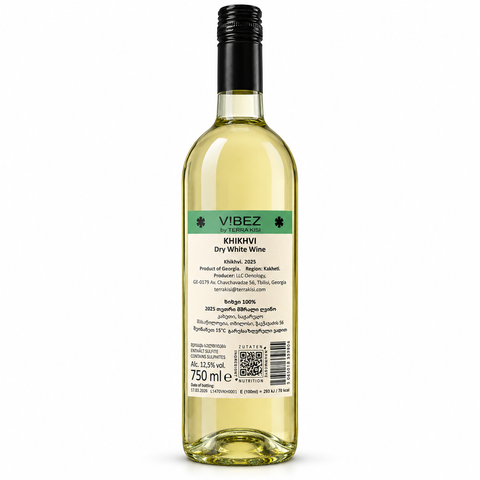 Terra Kisi ViBEZ Khikhvi 2025 Dry White wine 750ml bottle from Georgia with 12.5% ABV.