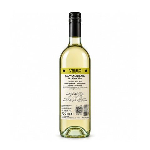 Bottle of Terra Kisi ViBEZ Sauvignon Blanc 2025 Dry White Wine, 750ml, from Kakheti, Georgia with 12% alcohol content.