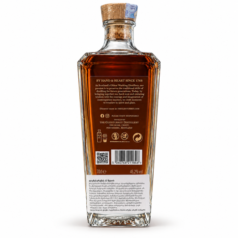 Back view of The Glenturret 12 Year Old Single Malt Whisky bottle showing label details and seal.