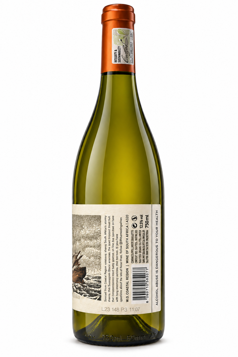 The Mooring Sauvignon Blanc 2023 Dry White Wine 750ml bottle showcasing back label with Cape maritime history design.