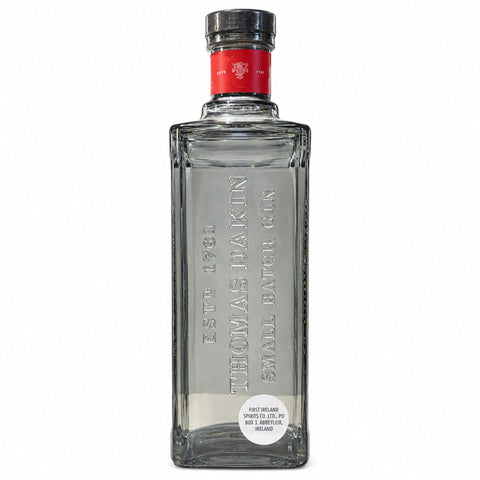 Thomas Dakin Eleven Botanicals London Dry Gin 1L bottle with red label and engraved glass, showcasing premium quality gin at 42% ABV.