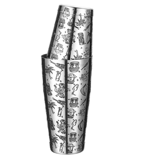 Tiki Cocktail Shaker 550ml, engraved stainless steel with Polynesian design, perfect for mixing tropical cocktails. Durable barware.