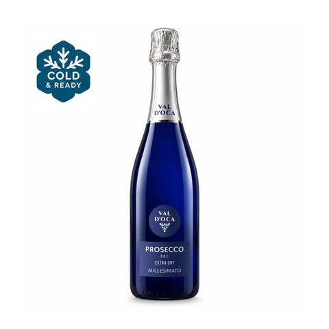 Front view of Val d’Oca Prosecco DOC Extra Dry Millesimato 2024, 750 ml, 11.5% ABV, with Cold & Ready badge.