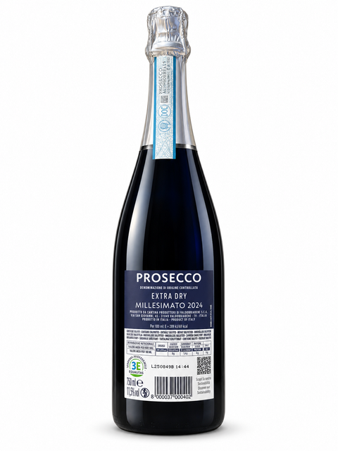 Val DOca Prosecco DOC Extra Dry 2024 750ml bottle with label and cork, 11.5% ABV, Italian sparkling wine from Veneto