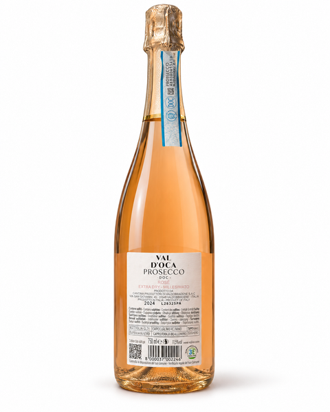 Val dOca Prosecco DOC Rose Extra Dry 2024, 750ml bottle with Italian label.