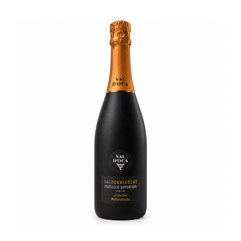 Front view of Val d’Oca Valdobbiadene Prosecco Superiore DOCG Extra Dry Millesimato 2025, 750 ml, 11.5% ABV, on a white background.