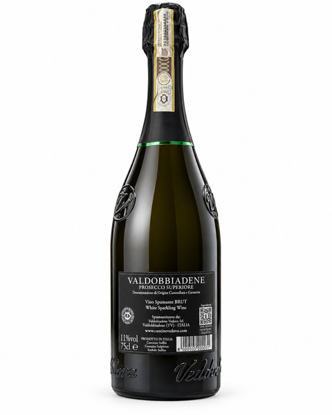 Vedova Valdobbiadene Prosecco DOCG Brut Glera NV 750ml bottle, Italian sparkling wine with 11% alcohol content.