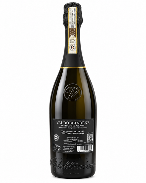 Bottle of Vedova Valdobbiadene Prosecco DOCG Extra Dry 750ml with black label, perfect for celebrations.