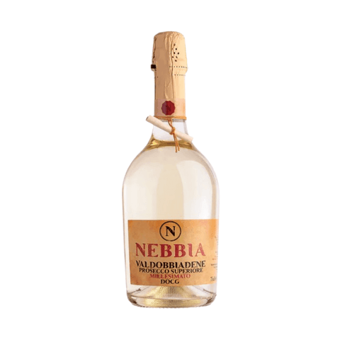 Bottle of Vedova Prosecco Millesimato Brut Nebbia from Valdobbiadene DOCG, Italy, 11.5% ABV, known for elegance and quality.