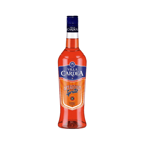 Bottle of Villa Cardea Spritz Aperitivo 1L, Italian herbal and citrus infusion with bright blood orange color, 11% alcohol.