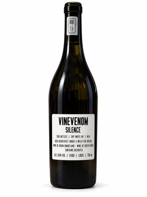 Vinevenom Silence No 4 Chenin Blanc NV white wine bottle 750ml from South Africa, showcasing its unique label.