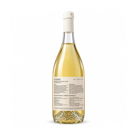 Vivens Goruli Mtsvane Chinuri semi-sparkling wine bottle, 750ml with label details, 13% alcohol, from Mukhrani Valley, Georgia