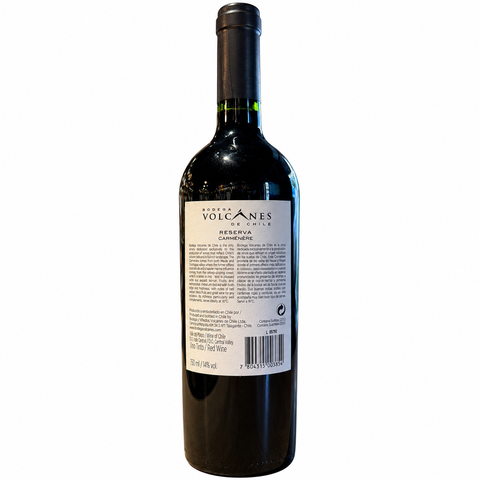 Volcanes Reserva Carmenere 2023 Dry Red wine bottle, 750ml, Chilean, 14% alcohol, savory and fruity aroma, back label view.