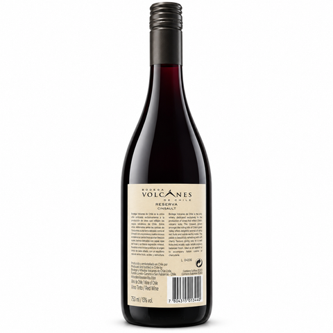 Back view of Volcanes Reserva Cinsault 2023 Dry Red wine bottle, 750ml, showcasing label details and cork design from Chile's Itata Valley.
