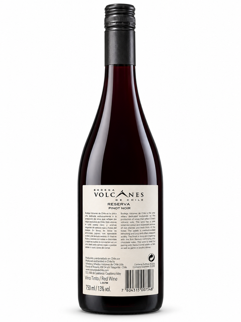 Back view of Volcanes Reserva Pinot Noir 2024 Dry Red wine 750ml bottle from Chile, showcasing the label and screw cap.