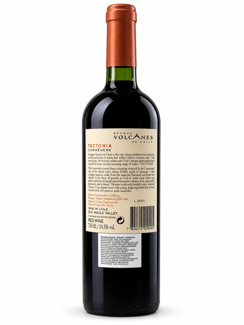 Volcanes Tectonia Carménère 2021 back label