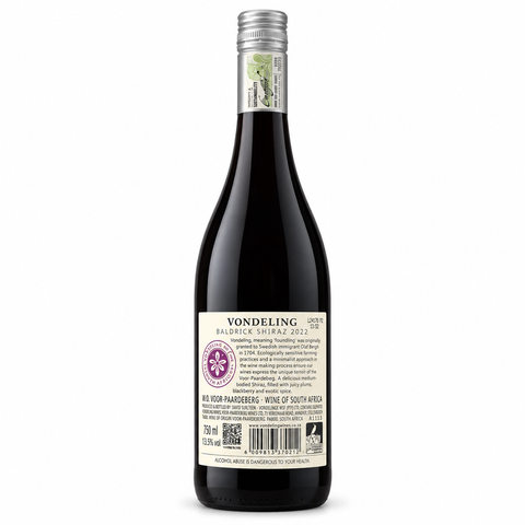 Vondeling Baldrick Shiraz 2022 Dry Red Wine 750ml bottle with label showcasing South African Shiraz, Voor-Paardeberg wine, 13.5% ABV.