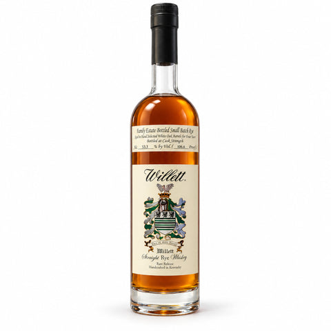 Bottle of Willett Family Estate Rye Whiskey 750ml 53.3% with label showing crest design and whiskey details.