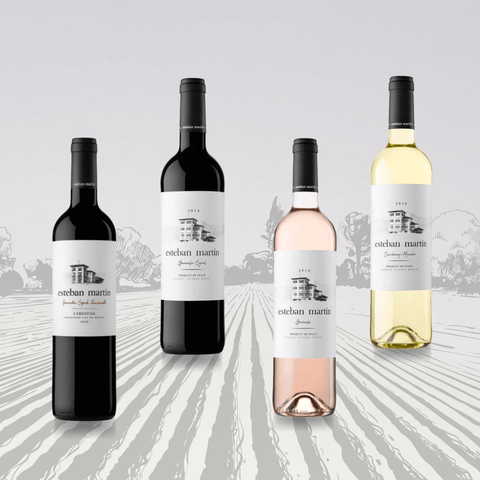 Esteban Martin Spanish Wine Collection featuring red, rose, and white wines with minimalist white labels and historic building sketches.
