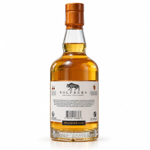 Bottle of Wolfburn Aurora Single Malt Scotch Whisky 700ml showing back label features including natural color and non-chill filtered.
