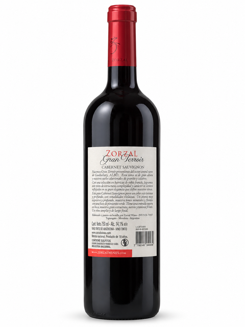 Zorzal Gran Terroir Cabernet Sauvignon 2022 back on white background