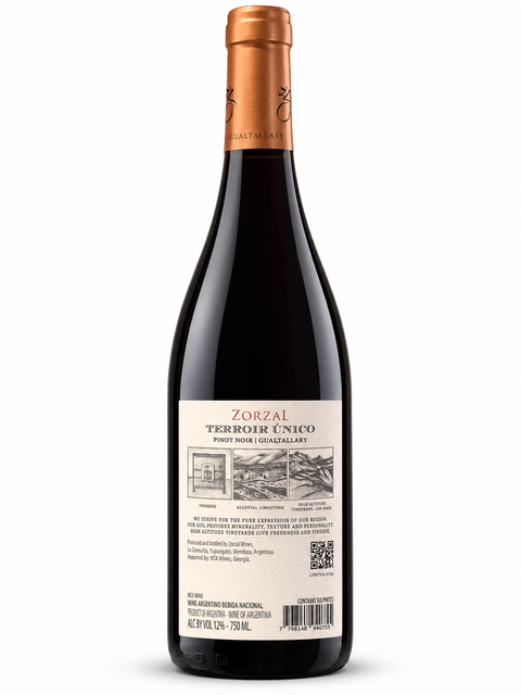 Zorzal Pinot Noir 2024 Dry Red Wine 750ml bottle from Gualtallary, Argentina, showcasing vibrant red fruit flavors and a 12% alcohol content.