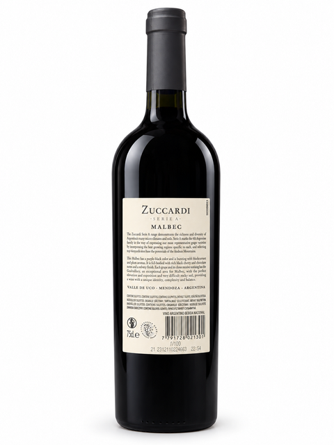 Zuccardi Serie A Malbec 2023 back bottle on white